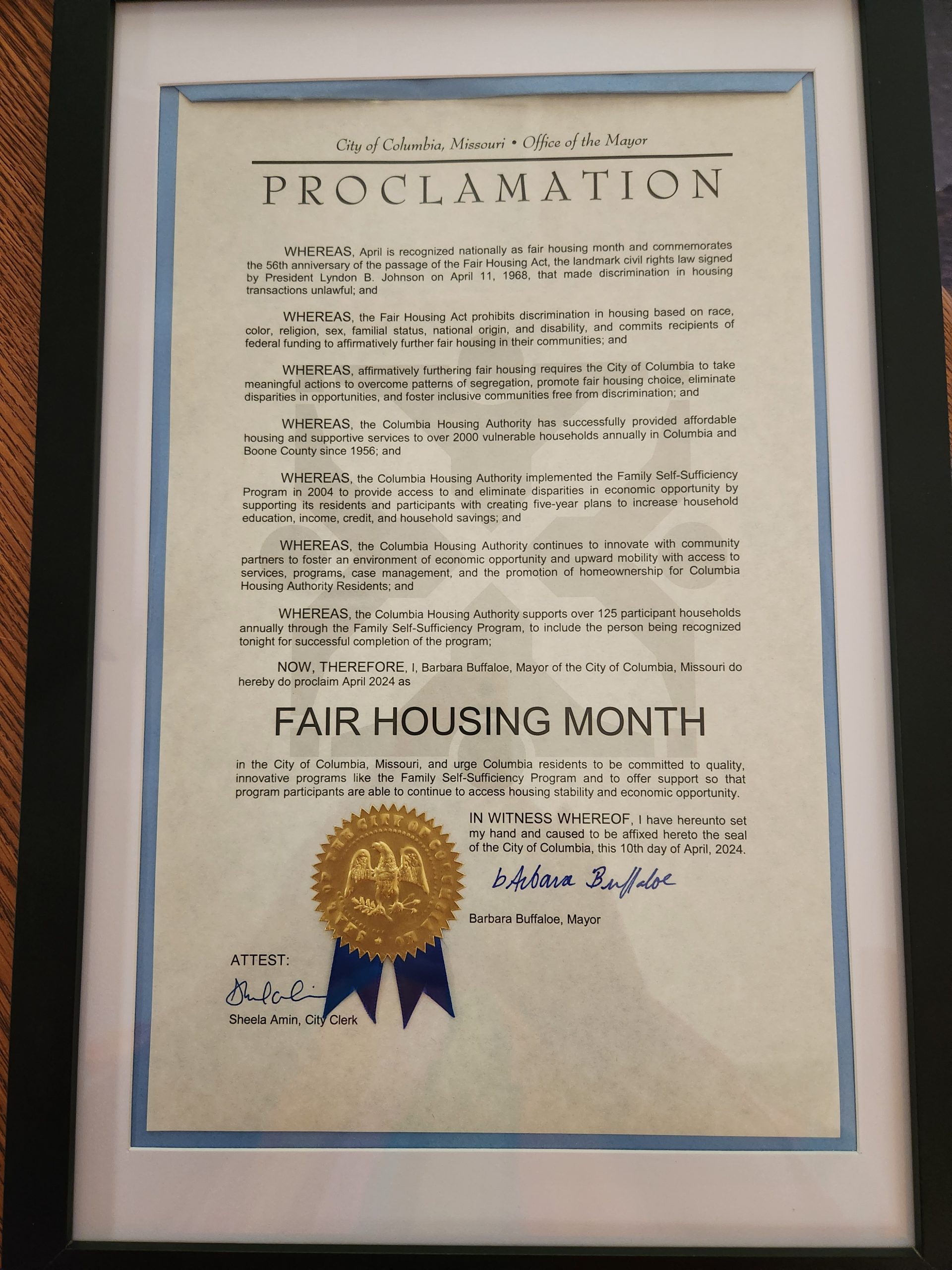 Proclamation from Columbia Mayor Barbara Buffaloe proclaiming April 2024 as Fair Housing Month.